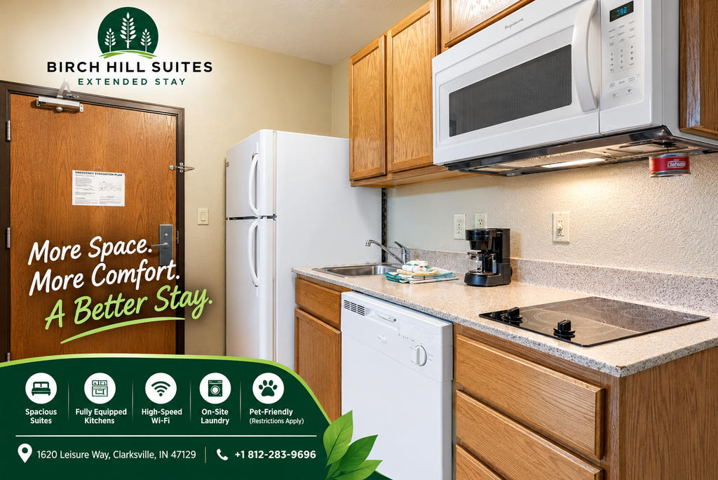 Kitchenette Hotel in Clarksville at Birch Hill Suites featuring a fully equipped in-suite kitchen with refrigerator, microwave, stovetop, dishwasher, and practical amenities for a comfortable extended stay.